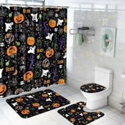 FRAMICS Halloween Shower Curtain Sets with Rugs, 16 Pc Pumpkin Spooky Ghost Bathroom Sets, Black Waterproof Fabric Shower Curtain with 12 Hooks and Toilet Rugs
